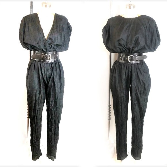 Vintage Pants - VTG 100% Silk Black Reversible Jumpsuit